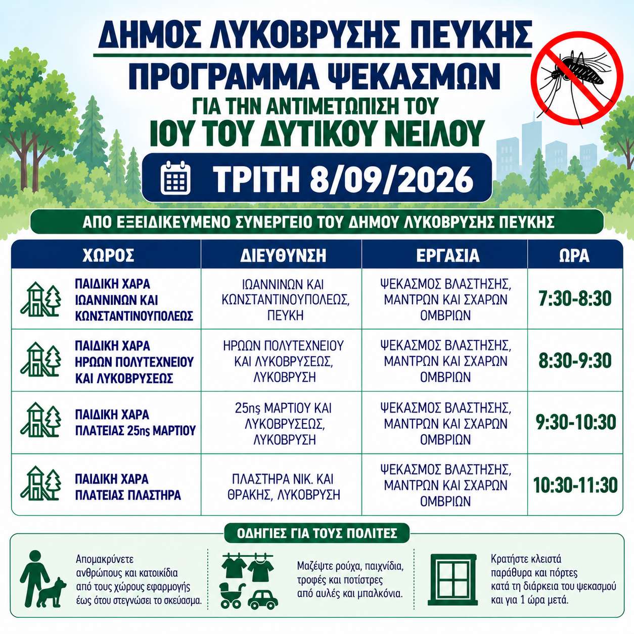 Πρόγραμμα εργασιών κουνουποκτονίας την Τρίτη 8/09/2026, από τον Δήμο Λυκόβρυσης – Πεύκης 4 Πρόγραμμα εργασιών κουνουποκτονίας την Τρίτη 8/09/2026, από τον Δήμο Λυκόβρυσης – Πεύκης
