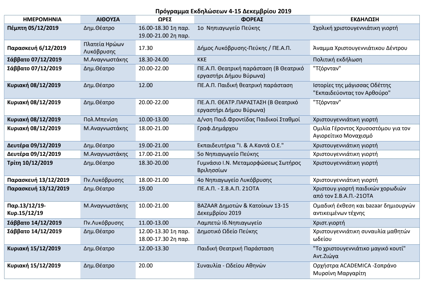 Πρόγραμμα Εκδηλώσεων